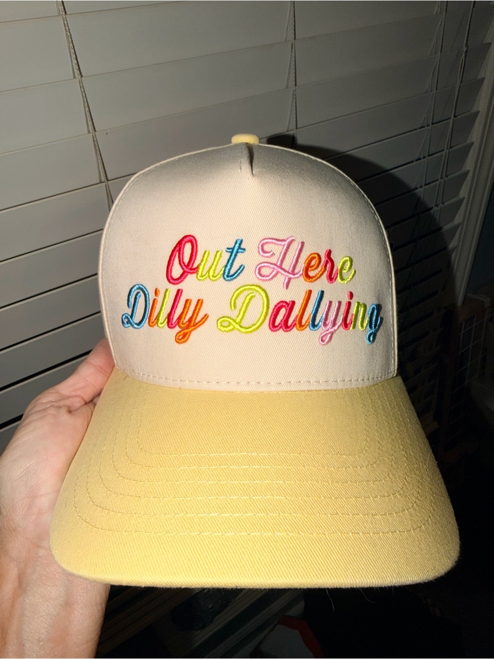 Out Here Dilly Dallying Embroidered Cream & Yellow Cap